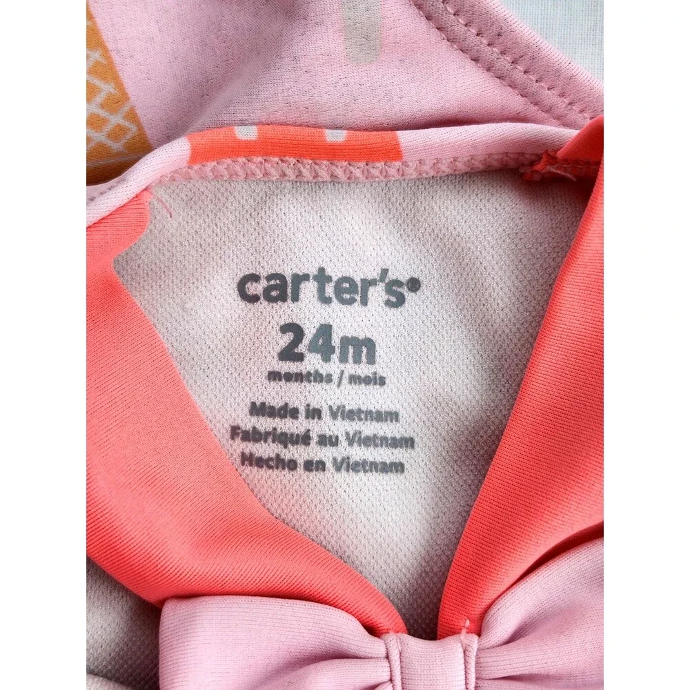 Carter’s Girls Swimsuit 24M • Pink Ice Cream‎ One‑Piece • Cross‑Back Bow • EUC